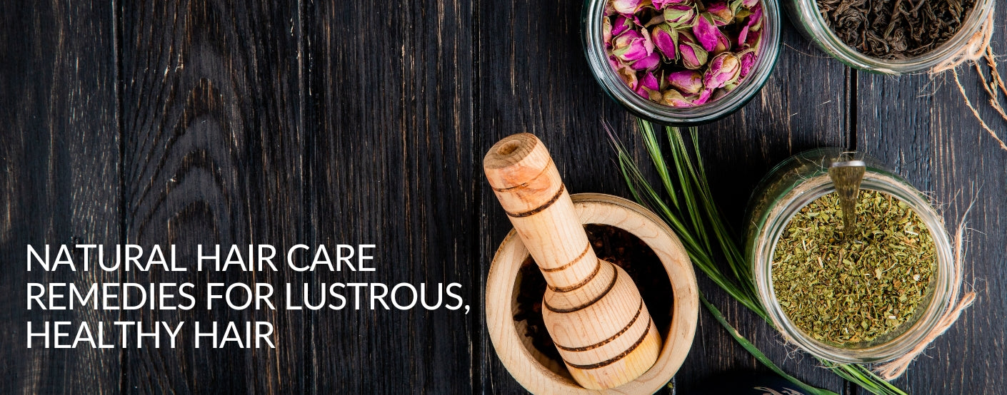 An elegant, lifestyle-focused image depicting natural hair care as an art form, displaying a visually appealing collection of ingredients and tools associated with home remedies.