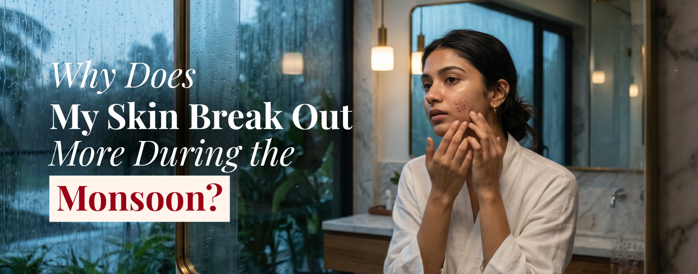 Person with acne-prone skin checking face in mirror during monsoon season with rain visible in background 
